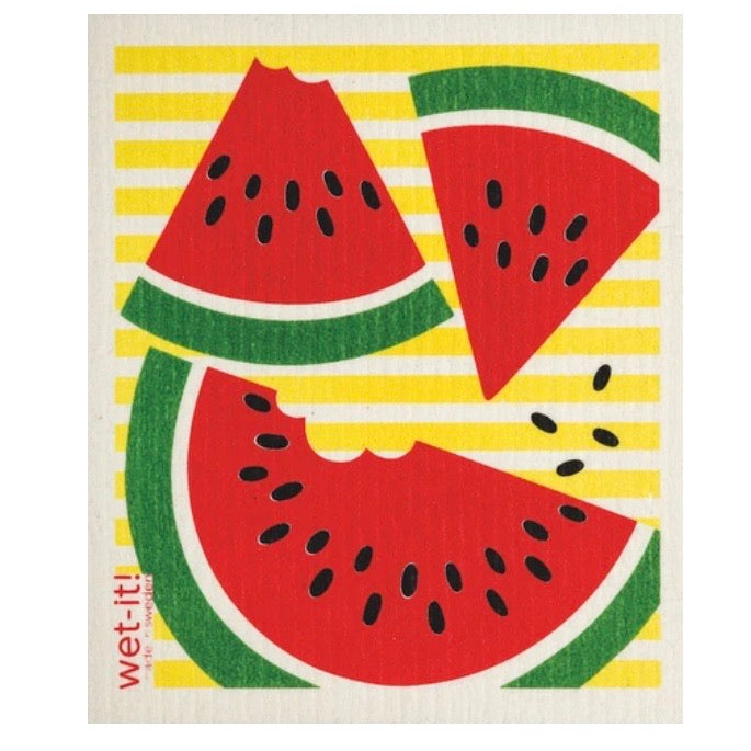 ivory colored rectangle shaped scrubbing pad with 3 large red watermelon slices on a yellow striped background screen printed on it