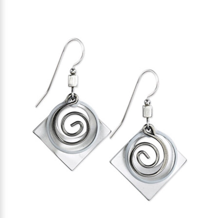 Silver Coil on Wavy Side Square Earrings