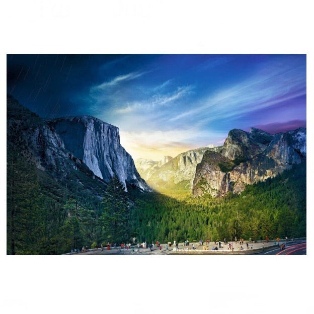 Stephen Wilkes Day to Night Tunnel View, Yosemite National Park puzzle image that shows a view of Yosemite through a time lapse of 24-36 hours exposing day and night in different parts of the photo