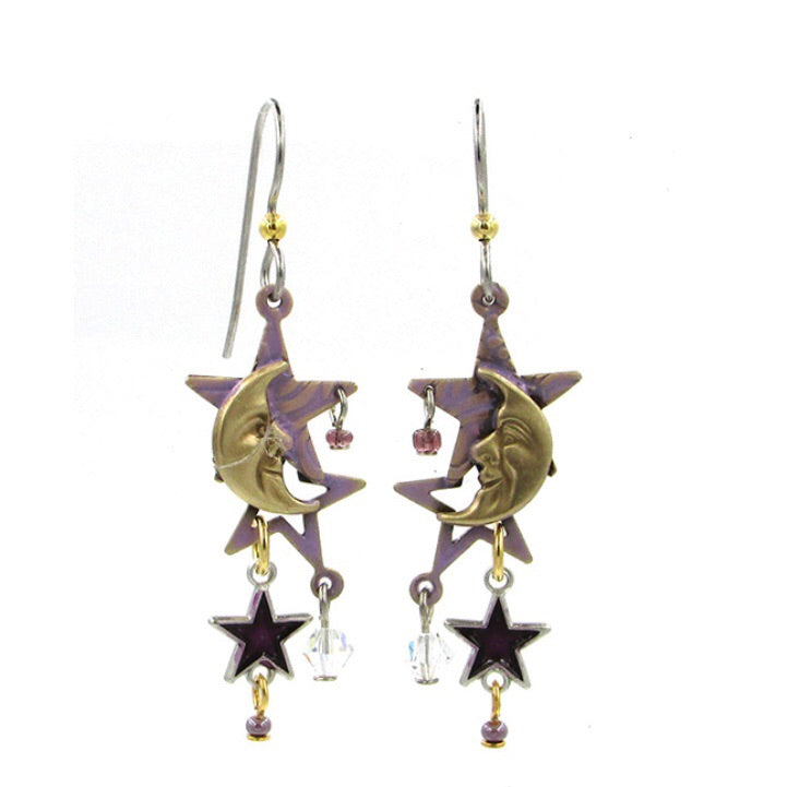 Gold/Purple Crescent Moon on Stars Dangle Earrings