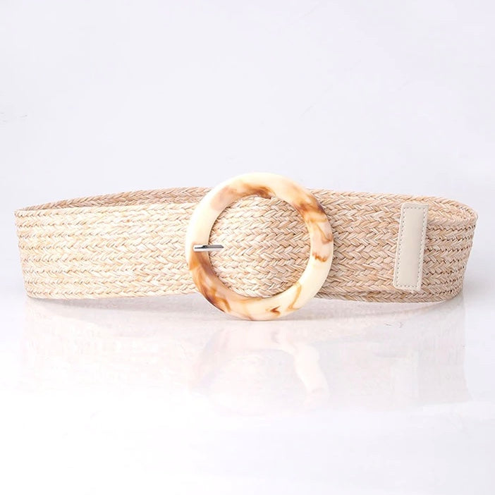 Wide Straw Circle Buckle Belt