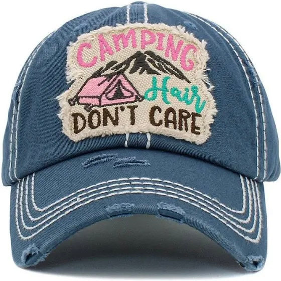 Camping Hair Don&#39;t Care Embroidered Cap