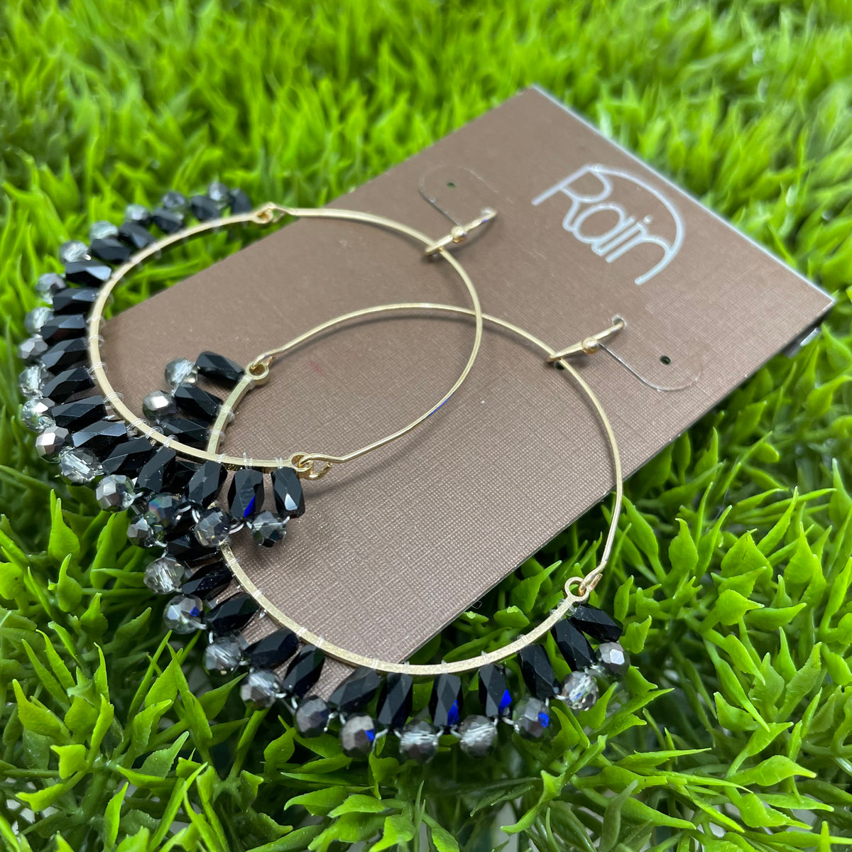 Gold Black Glass Bead Fringed Earrings