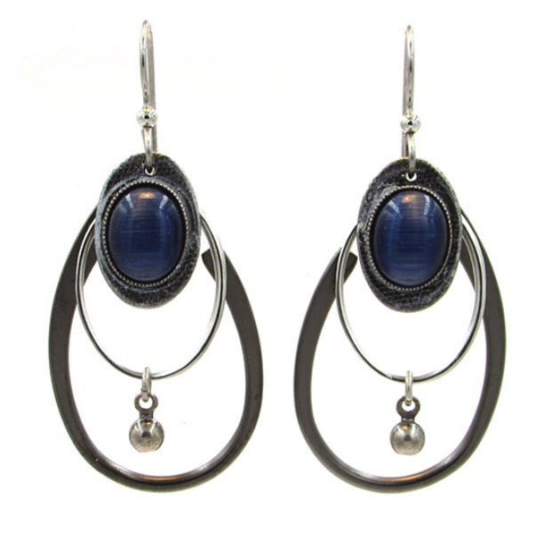 Blue Stone on Open Layer Ovals Earrings