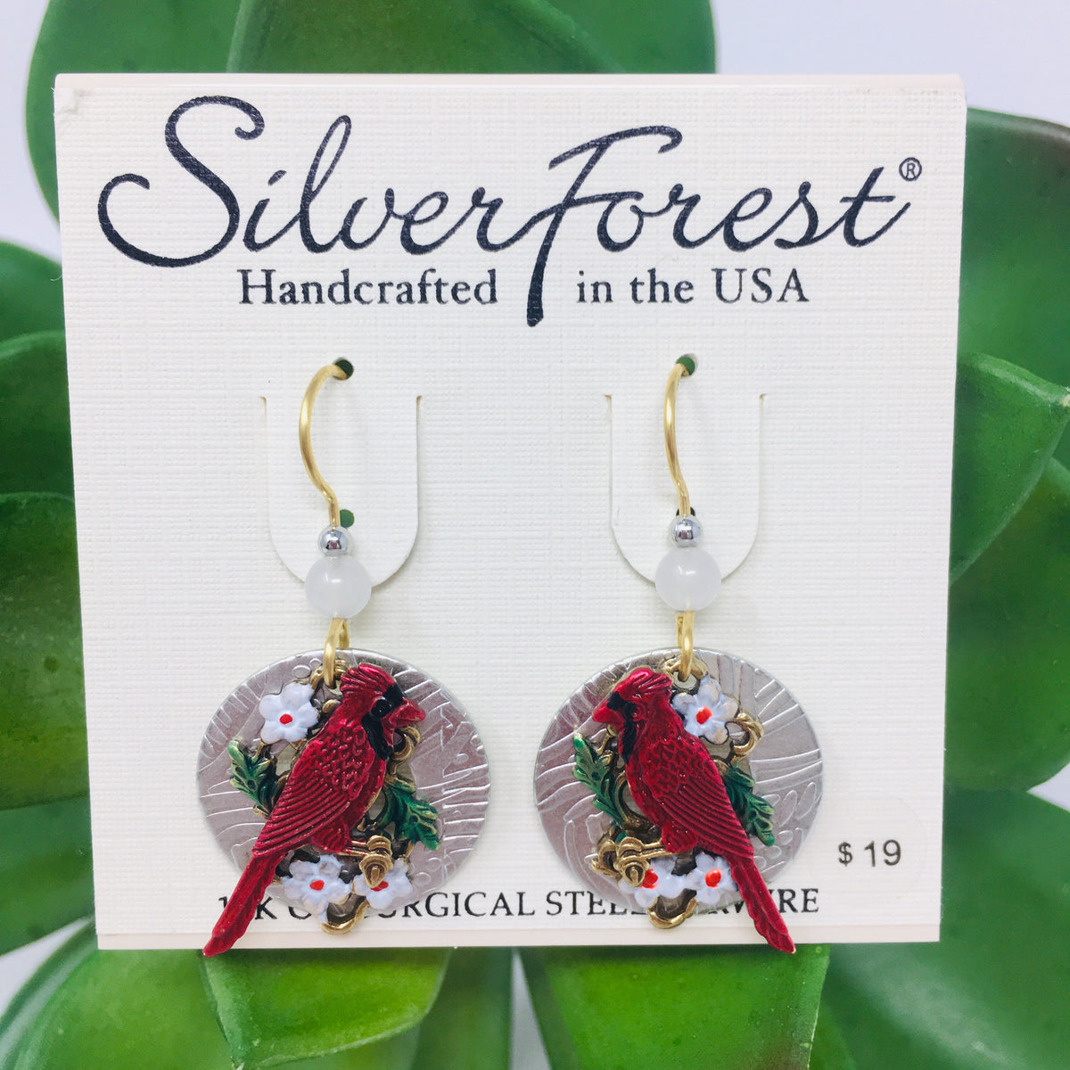 Red Cardinal on Silver Disc Earrings