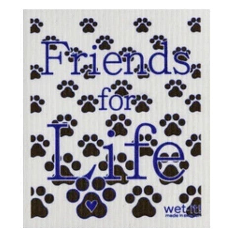 ivory colored rectangle shaped scrubbing pad with Friends for Life printed in blue on a background of black paw prints  screen printed on it
