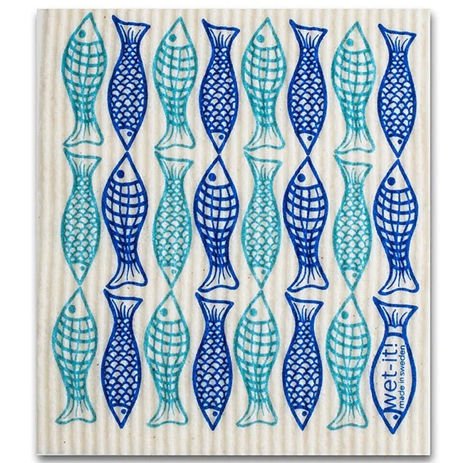 ivory colored rectangle shaped scrubbing pad with multiple hand drawn artsy looking fish lined up in columns of turquoise and blue. screen printed on it
