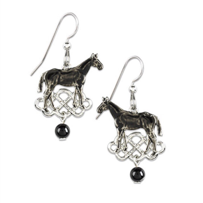 Black Horse on Silver Filigree Earrings