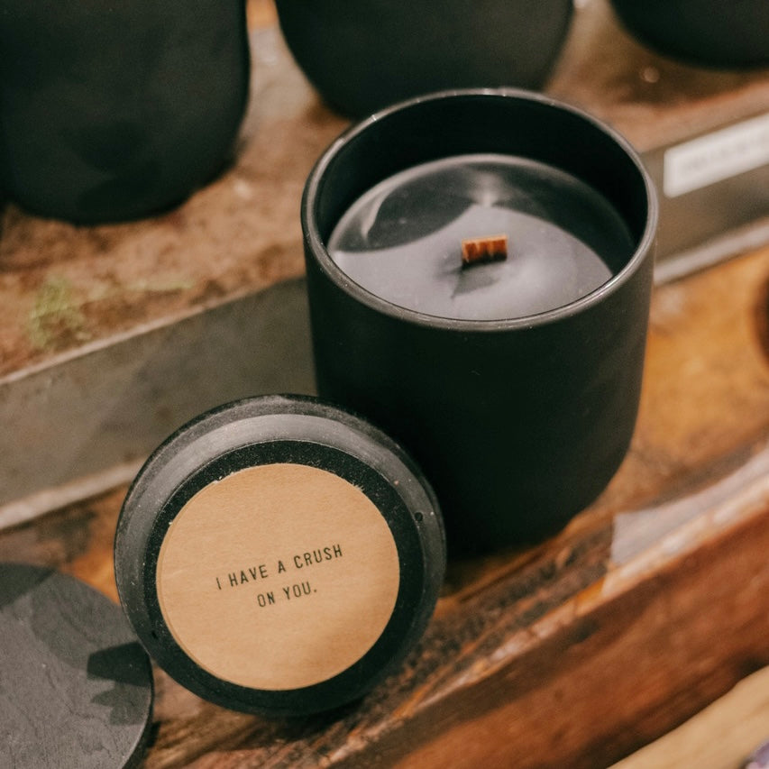 Wood Wick Matte Black Candle w/ Phrases