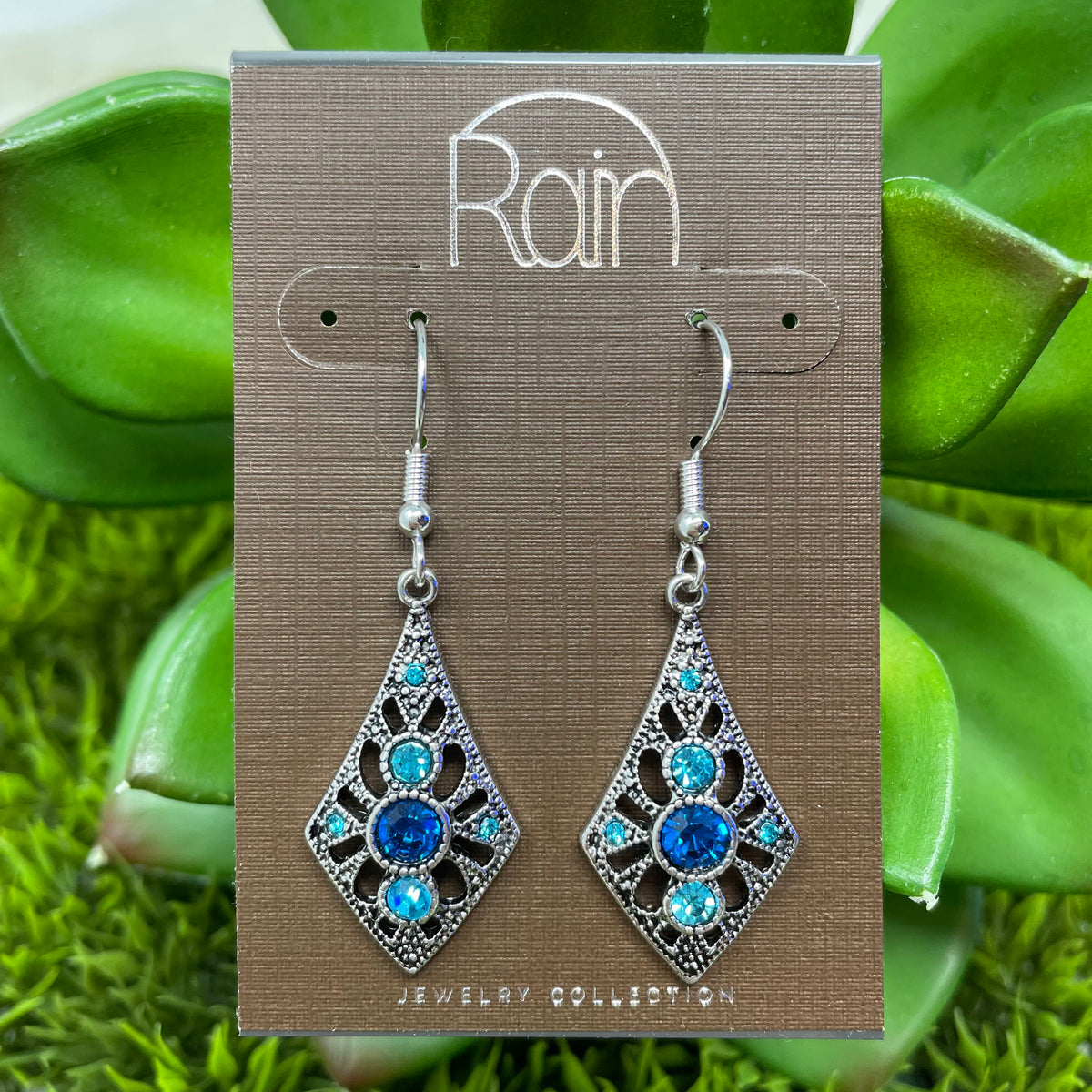 Silver Blue Crystals Filigree Earrings