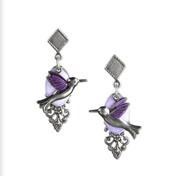 Purple/Silver Hummingbird on Oval w/ Filigree Earrings
