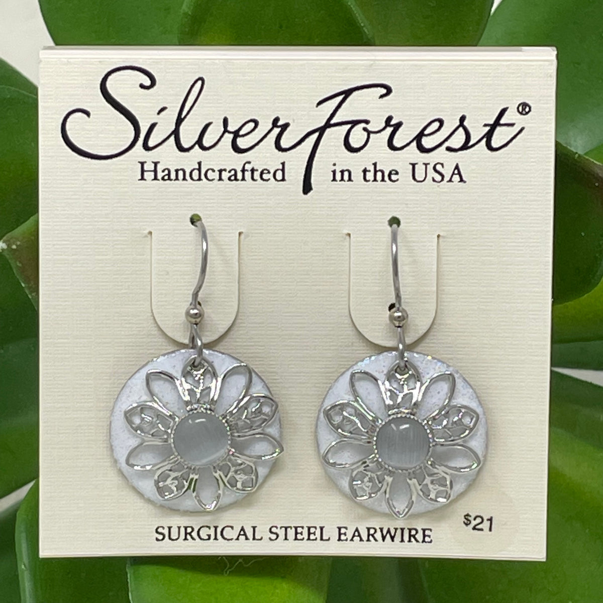 Silver Filigree Flower on Round Earring