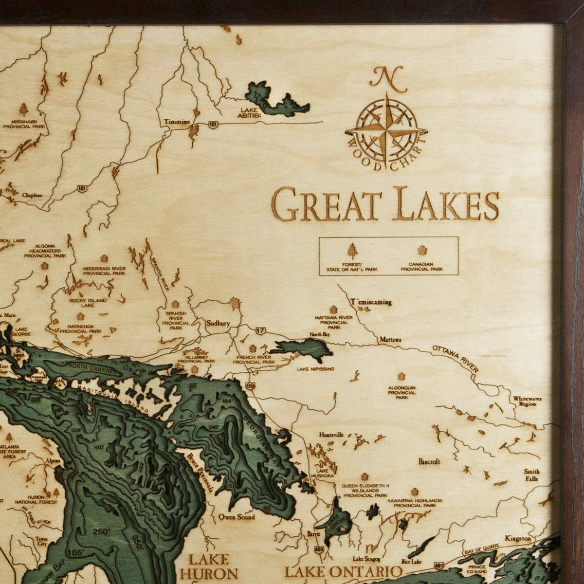 Great Lakes Framed Wood Chart 24.5x31