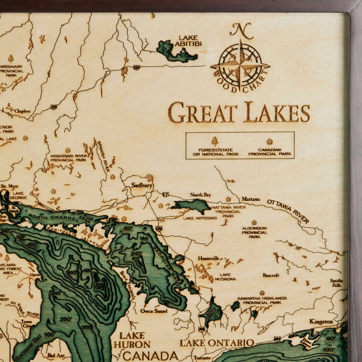 Great Lakes Framed Wood Chart 16x20
