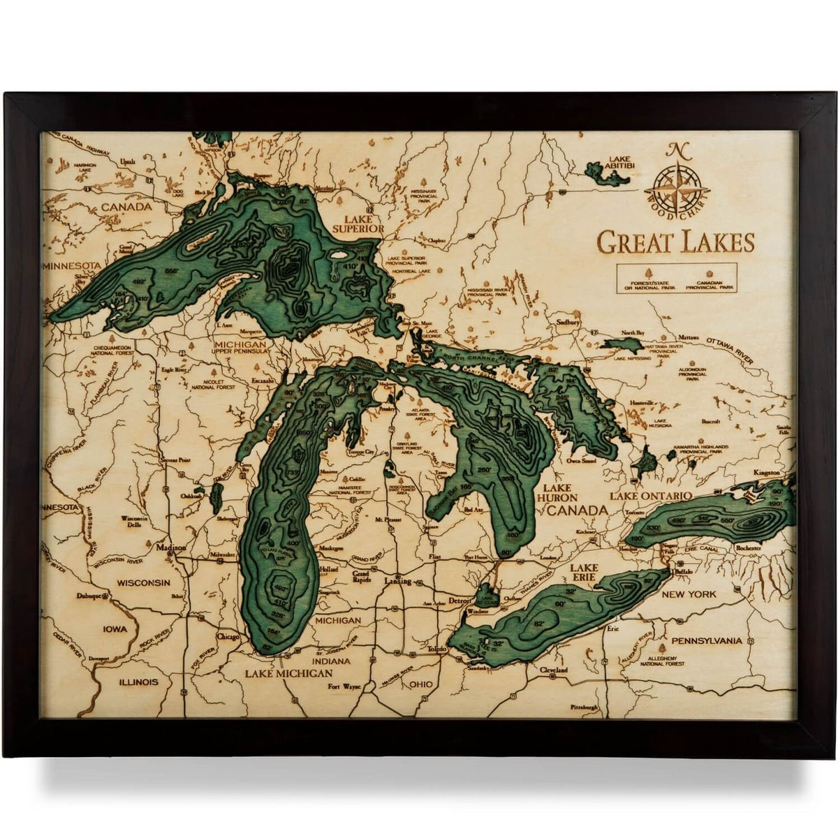 Great Lakes Framed Wood Chart 16x20
