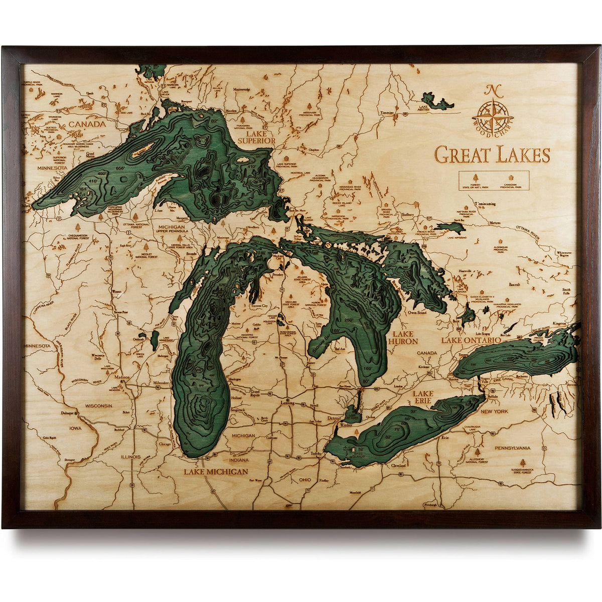 Great Lakes Framed Wood Chart 24.5x31