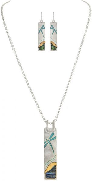 Silver Blue Wash Dragonfly Necklace Set