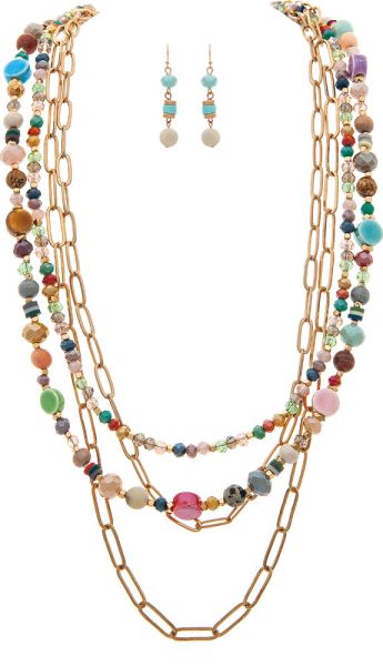Gold/Multi-Colored Ceramic Bead Layered Necklace Set