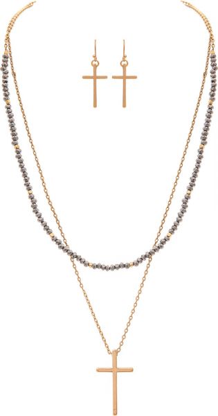 Gold Grey Bead Layered Cross Necklace Set