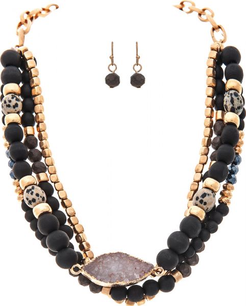 Gold/Black Glass Stone Druzy Necklace Set