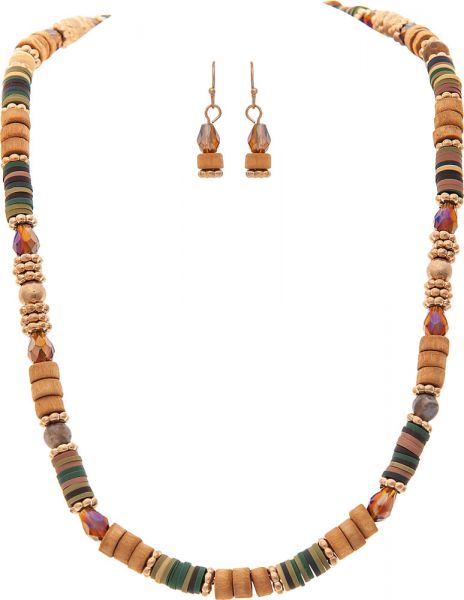 Gold/Natural Wood/Glass Necklace Set