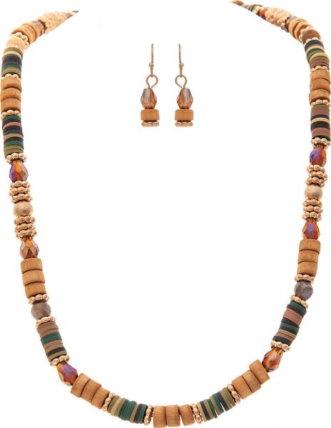 Gold/Natural Wood/Glass Necklace Set