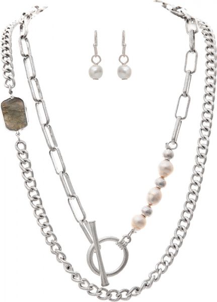 Silver Stone Freshwater Pearl Double Chain Necklace Set